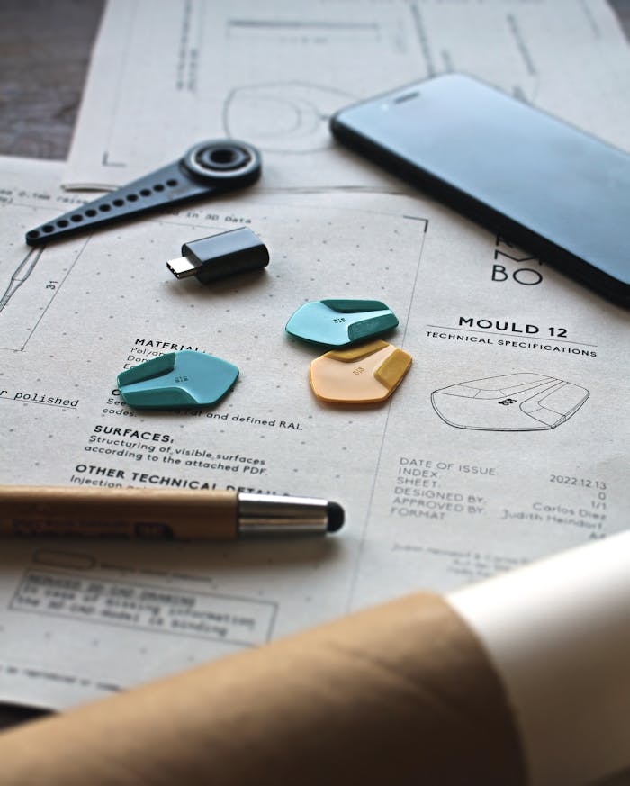 journey Close-up of a creative workspace featuring schematics, guitar picks, and design tools.
