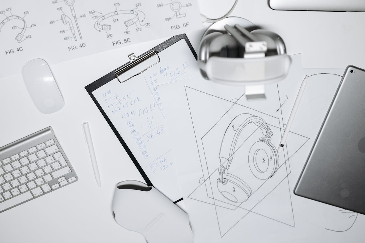 services-04 Top view of a workspace with headphone design sketches, keyboard, and mouse.